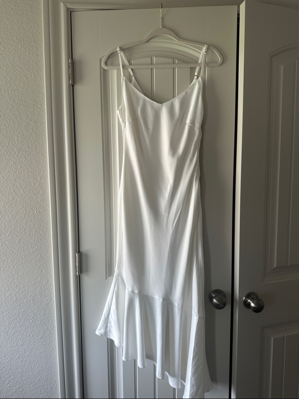 Lulus Strictly Romance White Satin Asymmetrical Tiered Midi Dress - Picture 4 of 4